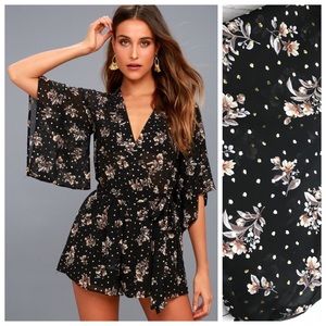 LuLus Midnight Voyage Sheer Floral Kimono Romper